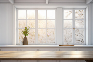 Wall Mural - Empty tabletop near the windows with copy space. Kitchen minimalist interior with wood table. Promotion background.