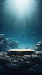 Wall Mural - Underwater stone podium in the ocean. Serene and mysterious aquatic environment. Generative AI