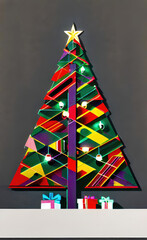 Abstract style colorful Christmas tree design for Xmas card or poster with a presents under the tree and a blank dark grey background