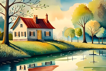 Wall Mural - Landscape with cottage by pond