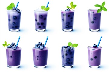 Poster - Set with delicious blueberry smoothies on white