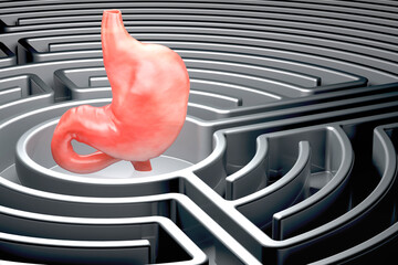 Poster - human stomach inside labyrinth maze. 3d rendering