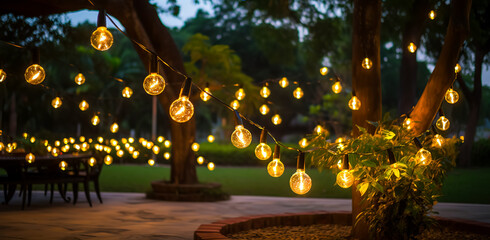 elements of the wedding decor of the night ceremony. outdoor string lights. wedding ceremony evening