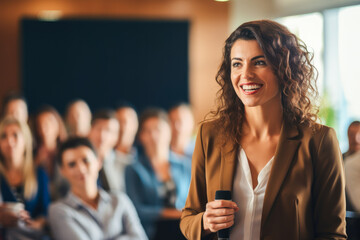 Empowered woman delivering an engaging and dynamic presentation to a female audience. The corporate setting highlights her professionalism and leadership