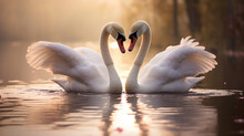 Two Elegant Swans Engaged In A Romantic Courtship Dance, Creating A Mesmerizing Display Of Grace And Love Generative AI