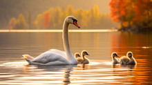 A Family Of Swans Swimming In Perfect Harmony, Showcasing The Beauty Of Togetherness And Unity Generative AI