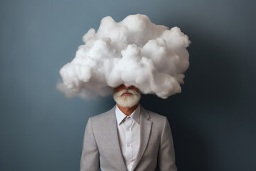 businessman have cloud on head, deep in thought as he contemplates a complex problem, surreal. expression is one of confusion and stress, as he struggles to find a solution to a challenge