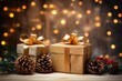 canvas print picture - christmas and new year background - gift boxes and pine cones and branches on the background of bokeh garlands