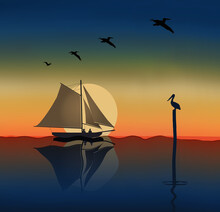 A Sailboat With A Man And A Woman Is Seen On The Ocean At Sunset As Pelicans Fly Over And One Bird Rests On A Piling In This 3-d Illustration.