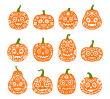 Halloween Mexican Pumpkins And Dia De Los Muertos Characters With Sugar Skull Pattern. Vector Funny And Spooky Calaca Gourd Faces, Symbol Of Celebration Rich Mexico Heritage, Culture And Of Folklore