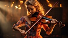 Beautiful Women Playing Violin Music, AI Generated Image