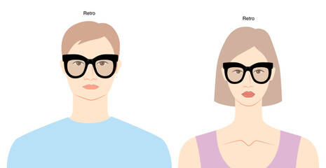 Poster - Retro frame glasses on women and men flat character fashion accessory illustration. Sunglass front view unisex silhouette style, rim spectacles eyeglasses, lens sketch style outline isolated on white