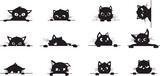 Fototapeta Fototapety na ścianę do pokoju dziecięcego - Black cat peeking, spy cats pets from corner. Creative kitty graphic silhouettes with big eyes. Peek kittens, looking and playful snugly vector stickers