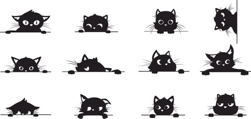 black cat peeking, spy cats pets from corner. creative kitty graphic silhouettes with big eyes. peek