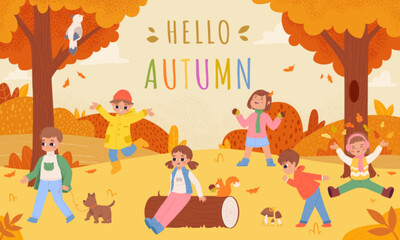 autumn forest landscape with children. funny child gathering leaves, fall season in park. girl and s
