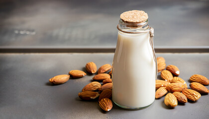 Canvas Print - Homemade almond milk in a small bottle