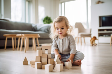 Wall Mural - A lifestyle photograph of a young toddler playing with wooden block toys