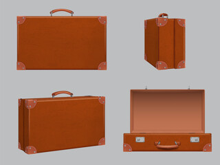 Poster - Travel baggage. Retro realistic suitcase different side and front views open and closed luggage decent vector pictures set