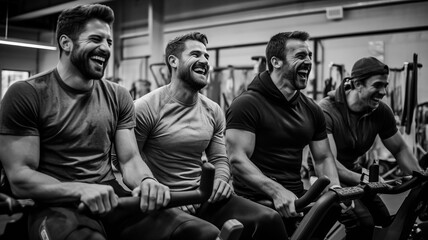 four fun loving guys in a fitness studio laughing together while working out men showing their muscl