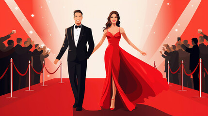 illustration of a good looking young celebrity couple walking the red carpet posing for fans and pho