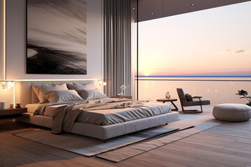 Interior design a bedroom interiors 3d renderings, in the style of light gold and dark amber, coastal scenery. Generative AI.