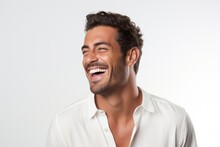 A Professional Portrait Studio Photo Of A Handsome Young White American Man Model With Perfect Clean Teeth Laughing And Smiling. Isolated On White Background. For Ads And Web Design. Generative AI