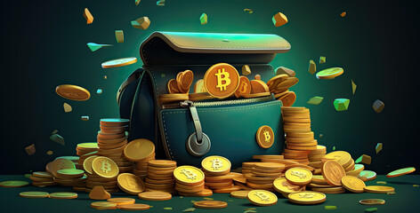 golden bitcoin coins with a green bag isolated on green background. saint patriks day concept. Generative AI