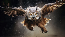 A Great Horned Owl In Flight. The Owl Is Flying Towards The Camera With Its Wings Spread Wide