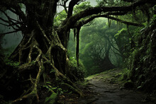 A Dark And Misty Forest With Large Tree With Twisted Roots And Branches That Arch Over The Path. The Tree Is Covered In Moss And Vines