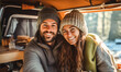 Man and woman, a young couple, relishing the freedom and adventure of van life, embodying the spirit of nomadic living in their recreational vehicle and being always on the move
