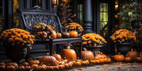 Sticker - Fall pumpkins and flowers with bench display, front porch, exterior home decor, Halloween seasonal decorations, orange and black, wide