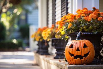 Sticker - Halloween pumpkin jack o' lantern and flowers on front porch, exterior home decor, seasonal decorations, copyspace