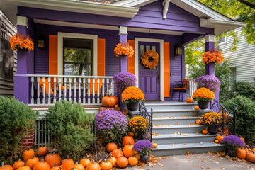 Sticker - Halloween pumpkins and flowers decorating orange and purple house, exterior home decor, seasonal decorations