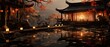 Enchanted Evening at Japanese Garden: A serene Japanese garden at dusk, glowing with lanterns and a reflection of a pagoda, symbolizing tranquility.