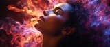 Fototapeta  - Surreal Woman with Vivid Colors in Dreamlike Smoke Haze