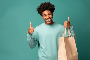 Fictional black young man with smiling holding groceries and thumb up. Generative AI.