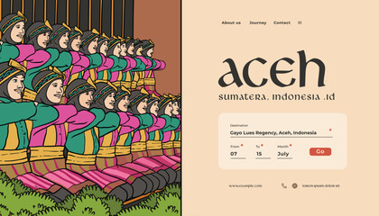 Wall Mural - Landing page with indonesian illustration Saman Dance from aceh design template