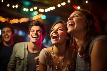 a group of diverse young friends singing at a karaoke party in a night club, laughing and having fun together. Generative AI