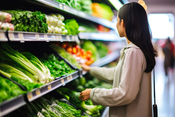 Asian woman shopping for groceries, fruits and vegetables in a grocery supermarket store, view from behind