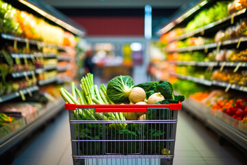 Shopper's perspective, POV, down a brightly lit grocery store aisle, with a shopping cart, fresh produce and packaged goods on display aisles