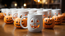 White Coffee Mug With Small Pumpkins On A Wooden Table.
