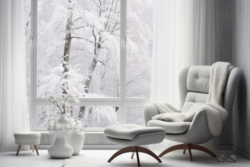 Poster - modern interior style mixed with a vintage winter theme, featuring a white chair.