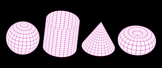 Aufkleber - Wireframe shapes collection. 3d outline sphere, cylinder, cone and torus. Pink and white geometric elements for design template, icon, logo. Abstract lattice objects with connected lines. Vector pack