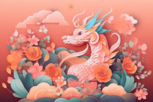 Generative AI Abstract Design Chinese New Year Cute Dragon With Spring Colors, Surreal Fantasy, Peach Flower., Generative AI	
