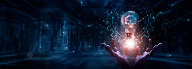 Leinwandbilder - Innovation, new idea, creative and inspiration concept. Hands of businessman holding light bulb and brain with data network digital technology. development, industrial and science.