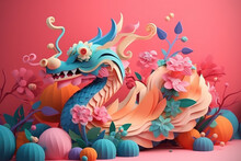 Generative AI Abstract Design Chinese New Year Cute Dragon With Spring Colors, Surreal Fantasy, Peach Flower., Generative AI	
