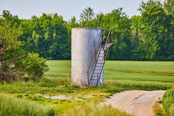 Wall Mural - Abandoned silo like structure in farmers field of green grains at end of gravel road