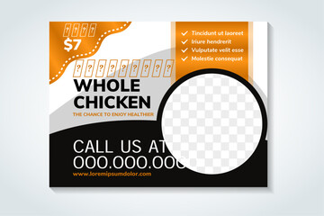 Poster - delicious whole chicken flyer design. Food Web page banners of different standard sizes. Templates with circle place for photos, buttons. Vector illustration. gold, white and black colors element. 