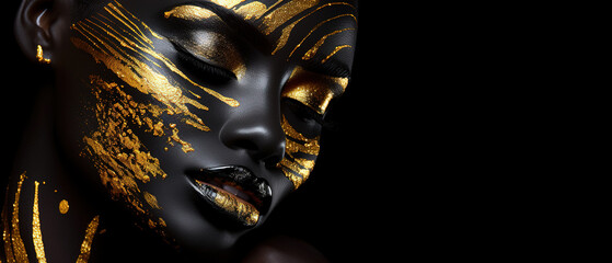  Beauty woman painted in black skin color body, gold makeup, lips, eyelids in gold color paint