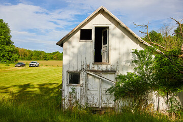 Wall Mural - Abandoned and decaying house in country with busted doors and window with overgrowth